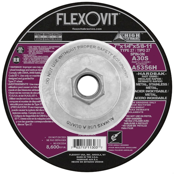 Flexovit HP Fast Grind Depressed Center Wheel, 7 in Dia x 1/4 in THK, A30S Grit, Aluminum Oxide Abrasive A5356H - main
